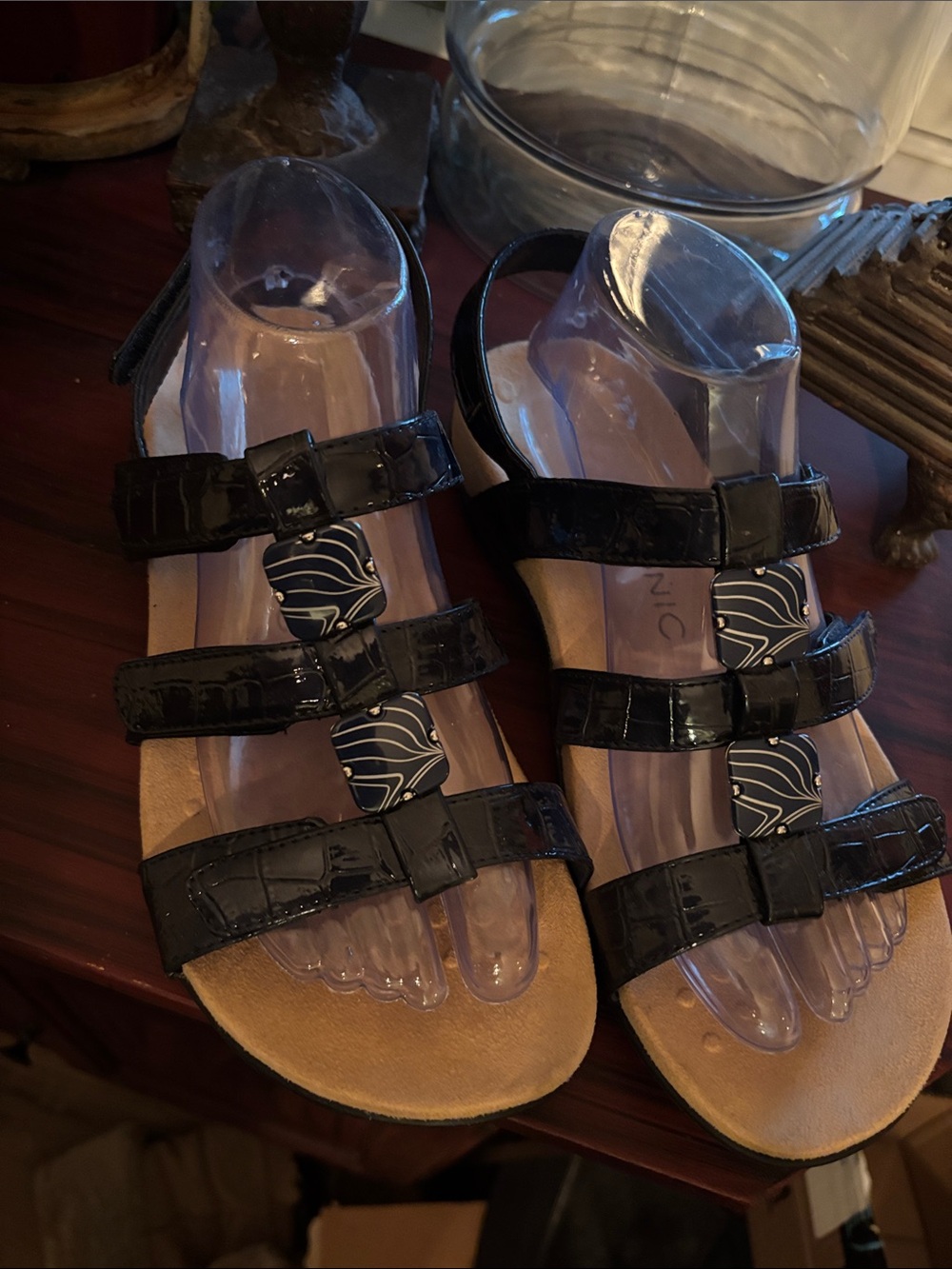 Vionic Blue Patent Three-Strap Women’s Sandals with Patterned Accents